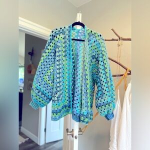 NEW Handmade Crochet Cardigan Green/blue Os